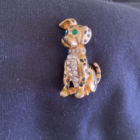 Dog Pin Gold Tone Crystal Rhinestones & Black Enamel Spots, Spotted Dog Brooch - Picture 10 of 11
